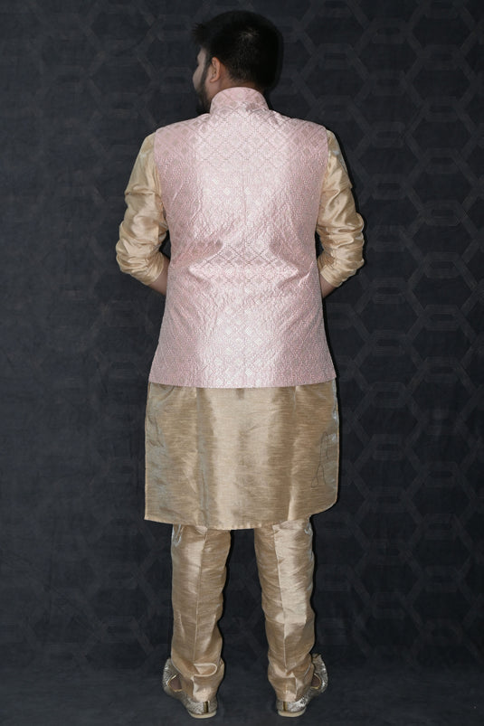 Art Silk Fabric Readymade Men Kurta Pyjama With Pink Color Modi Jacket