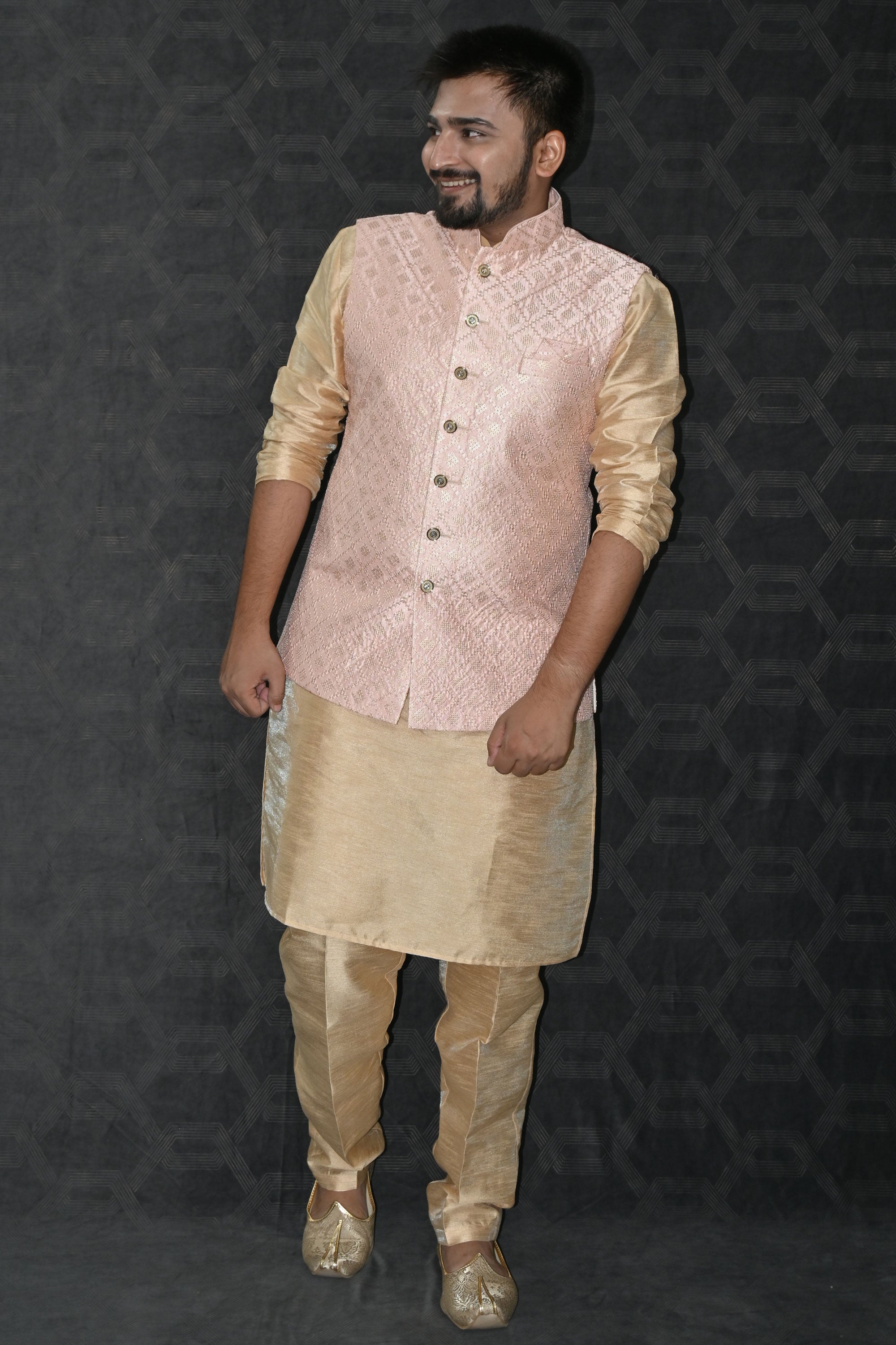 Modi Pyjama Art Silk Fabric Readymade Men Kurta Pyjama With Pink Color Modi Jacket ...