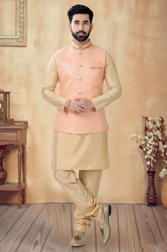 Men Cream Color Ethnic Kurta With Pyjama And Nehru Jacket