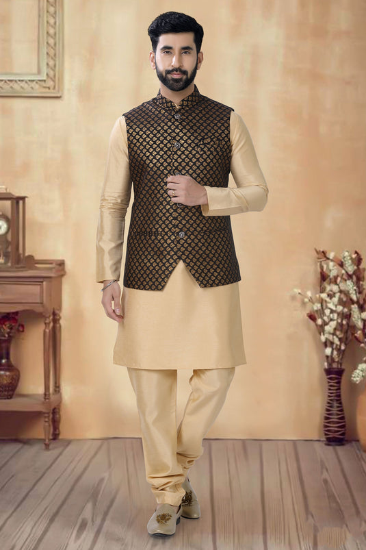 Gorgeous Art Silk Fabric Reception Wear Readymade Kurta Pyjama For Men With Nehru Jacket