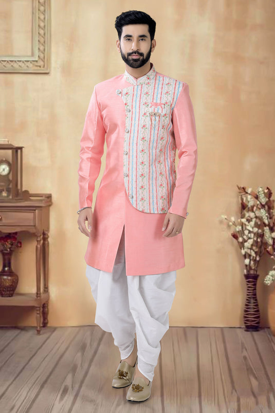 Pink Color Wedding Wear Readymade Lovely Silk Fabric Indo Western For Men