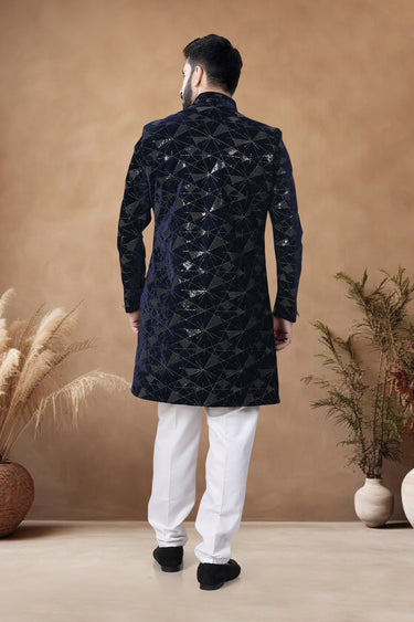 Blue Velvet Wedding Wear Trendy Readymade Indo Western For Men Set