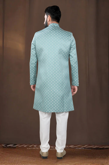 Appealing Green Jacquard Wedding Wear Readymade Indo Western For Men