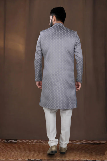 Grey Engaging Jacquard Festive Wear Readymade Indo Western For Men