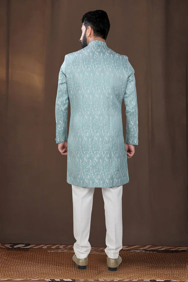 Green Jacquard Wedding Wear Trendy Readymade Indo Western For Men