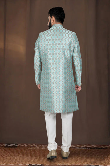 Green Gorgeous Jacquard Wedding Wear Readymade Indo Western For Men