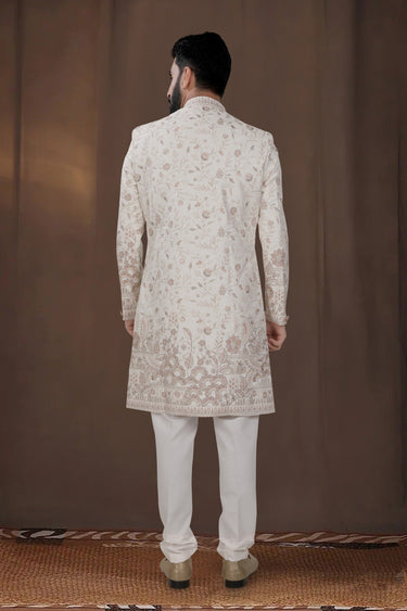 Wedding Wear Fancy Fabric Designer Readymade Indo Western For Men In Off White Color