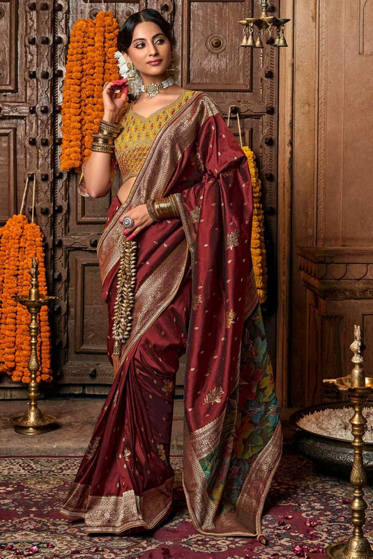 Maroon Color Graceful Lace Border Work & Heavy Pallu Saree