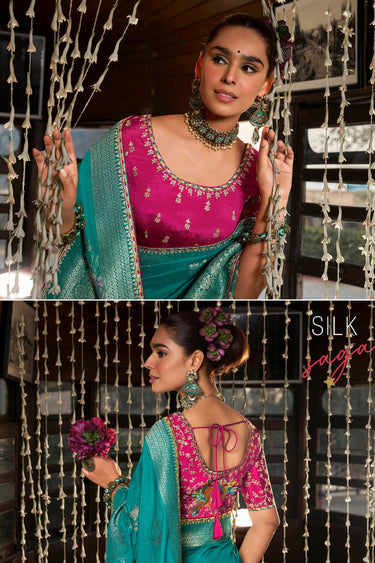 Viscose Silk Weaving Border Work Saree In Teal Color