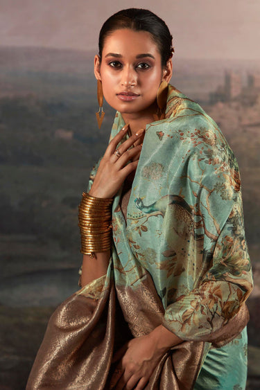 Weaving Work Soothing Banarasi Saree In Sea Green Color