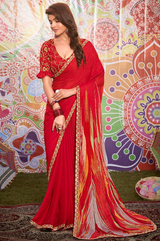 Red Color Fancy Fabric Coveted Saree With Printed Work