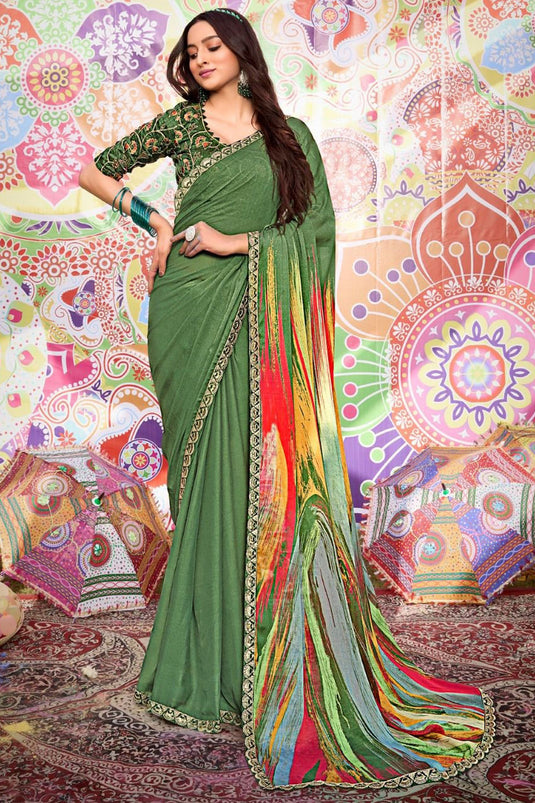 Fancy Fabric Sea Green Color Riveting Saree With Printed Work