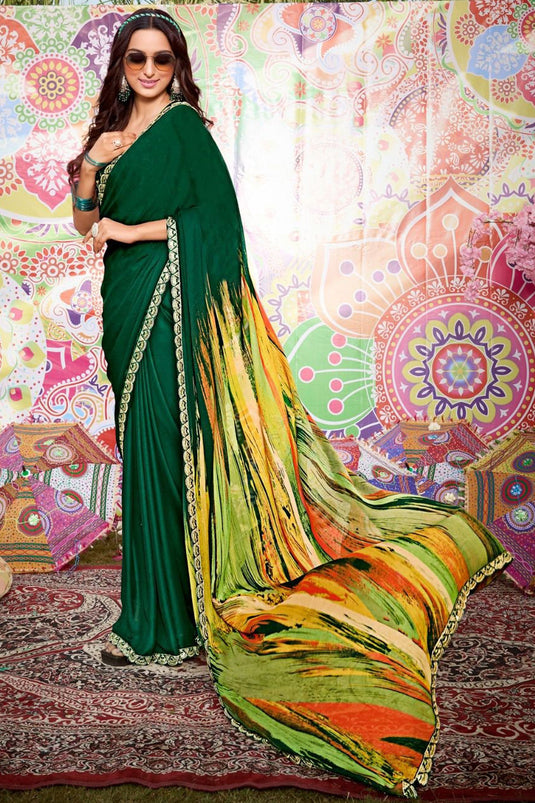 Fancy Fabric Dark Green Color Excellent Saree With Printed Work