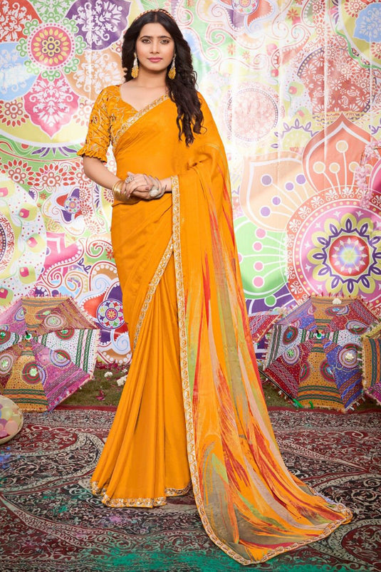Fancy Fabric Mustard Color Patterned Saree With Printed Work