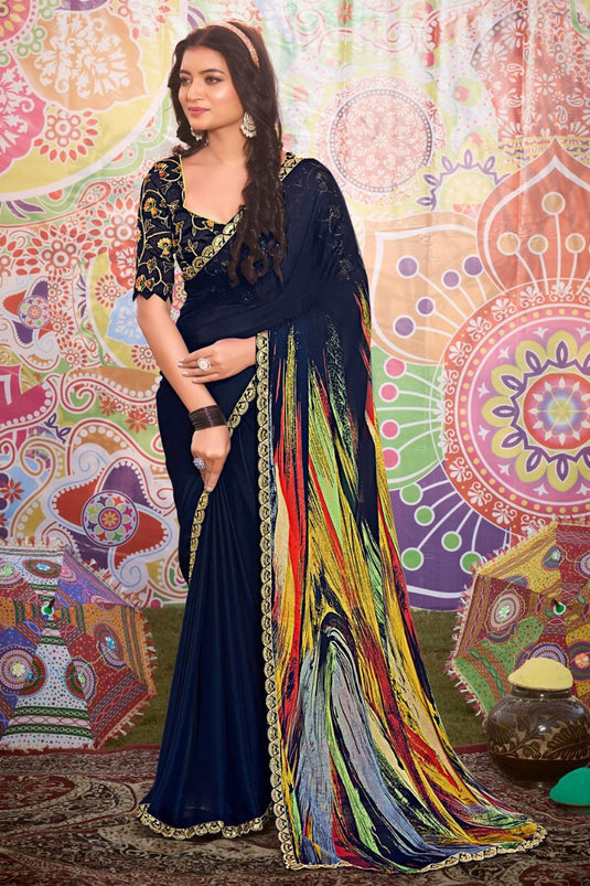 Navy Blue Color Fancy Fabric Engaging Saree With Printed Work
