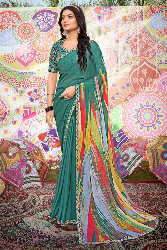 Printed Work On Green Color Sober Saree In Fancy Fabric