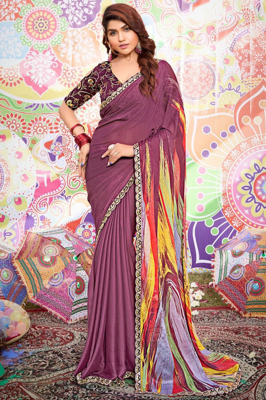 Creative Printed Work On Lavender Color Fancy Fabric Saree