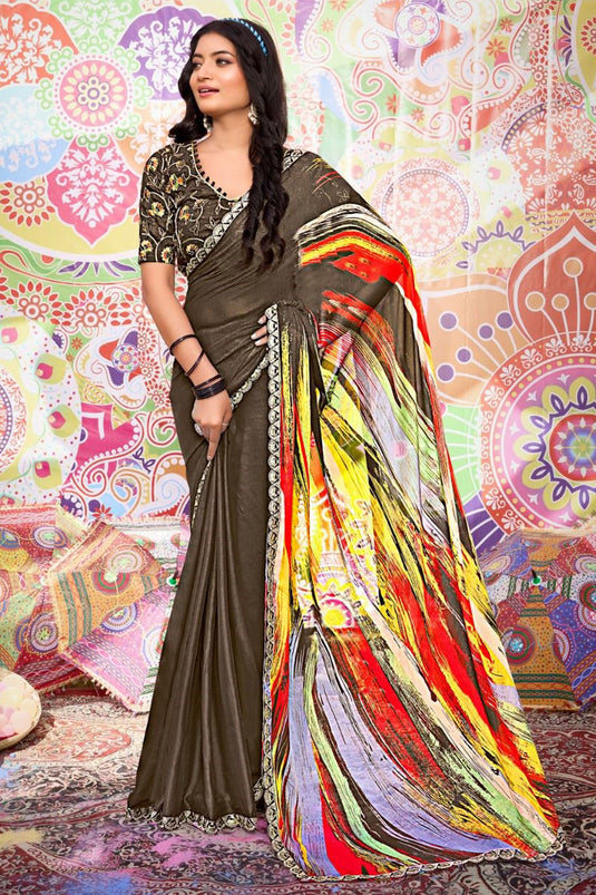 Excellent Fancy Fabric Olive Color Saree With Printed Work