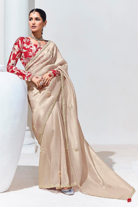 Cream Designer Saree With Designer Blouse