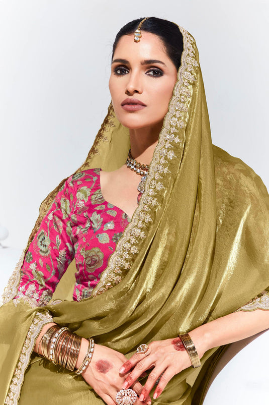 Lace Border Work Golden Silk Fabric Saree