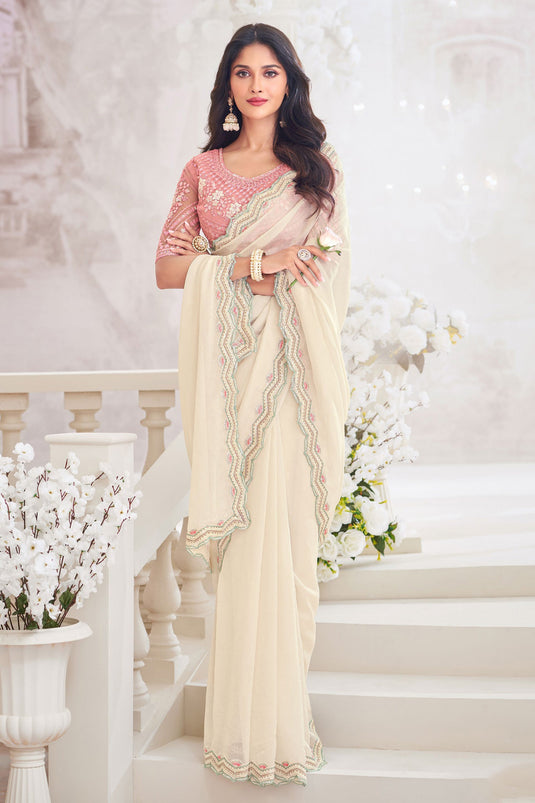 Off White Color Chiffon Fabric Embroidered Saree