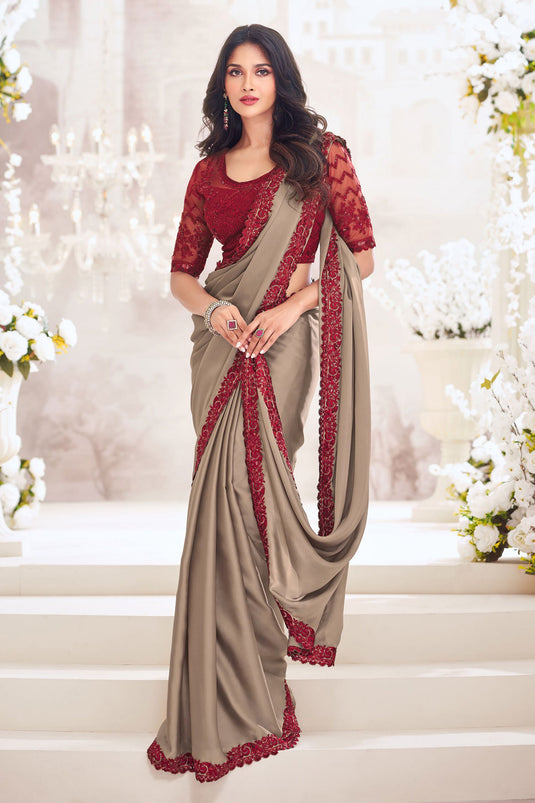 Brown Color Satin Fabric Party Wear Embroidered Saree