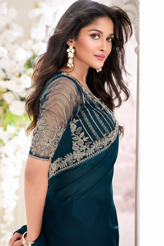 Beautiful Georgette Fabric Teal Color Embroidered Saree