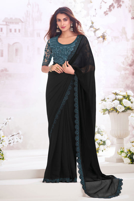 Black Color Chiffon Fabric Attractive Embroidered Saree