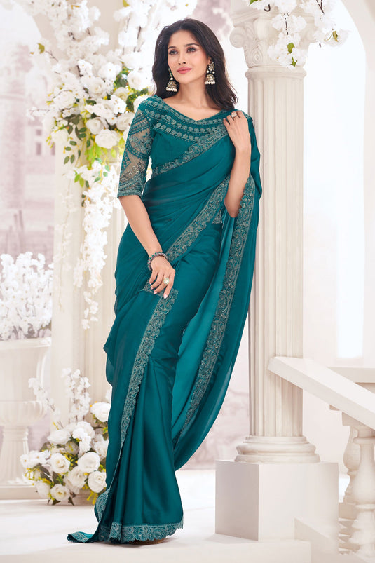 Georgette Fabric Teal Color Embroidered Saree