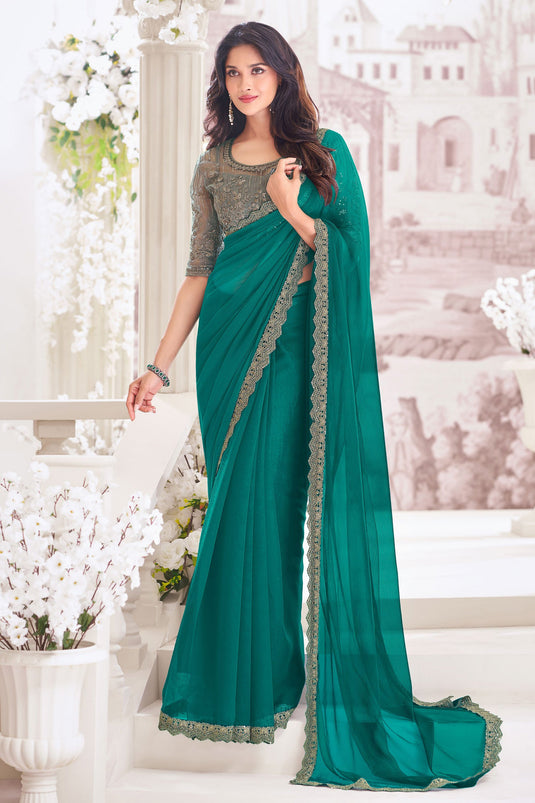 Teal Festive Wear Chiffon Fabric Embroidered Saree