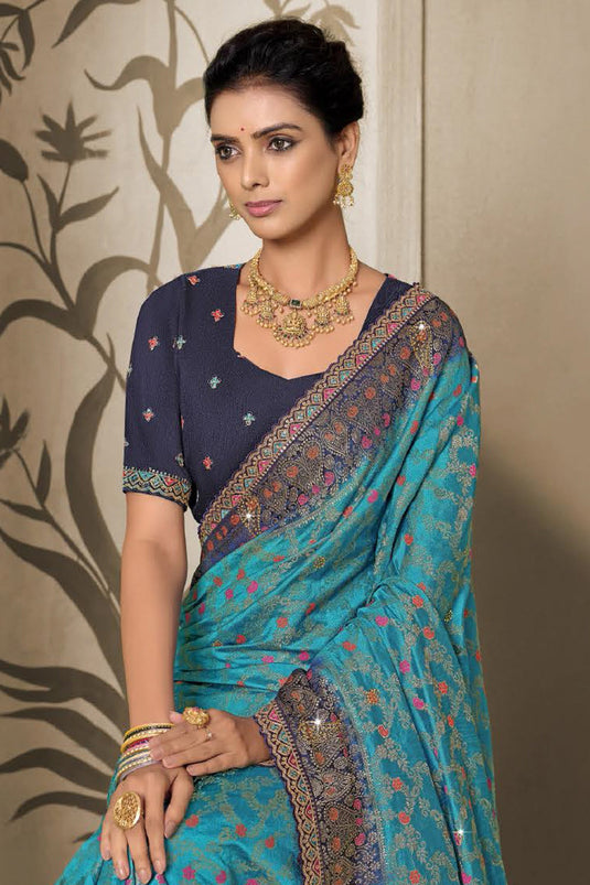 Sky Blue Designer Silk Wedding Saree