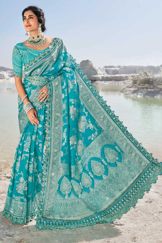 Amazing Cyan Color Silk Fabric Wedding Wear Saree