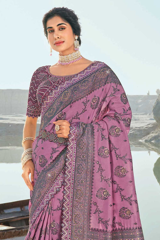 Pink Color Silk Fabric Chic Wedding Wear Saree