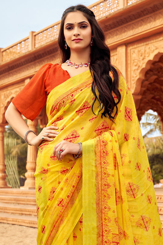 Printed Work On Chiffon Fabric Bewitching Saree In Yellow Color