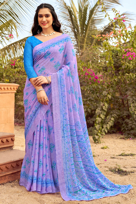 Lavender Color Chiffon Fabric Coveted Saree With Printed Work