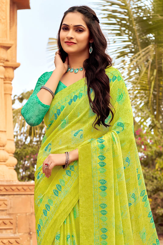 Chiffon Fabric Green Color Excellent Saree With Printed Work
