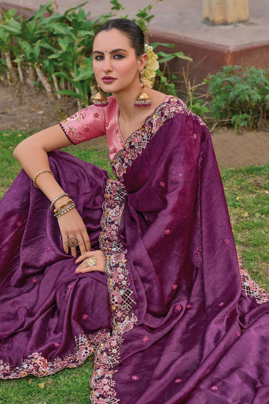 Excellent Organza Silk Fabric Purple Color Saree With Border Work