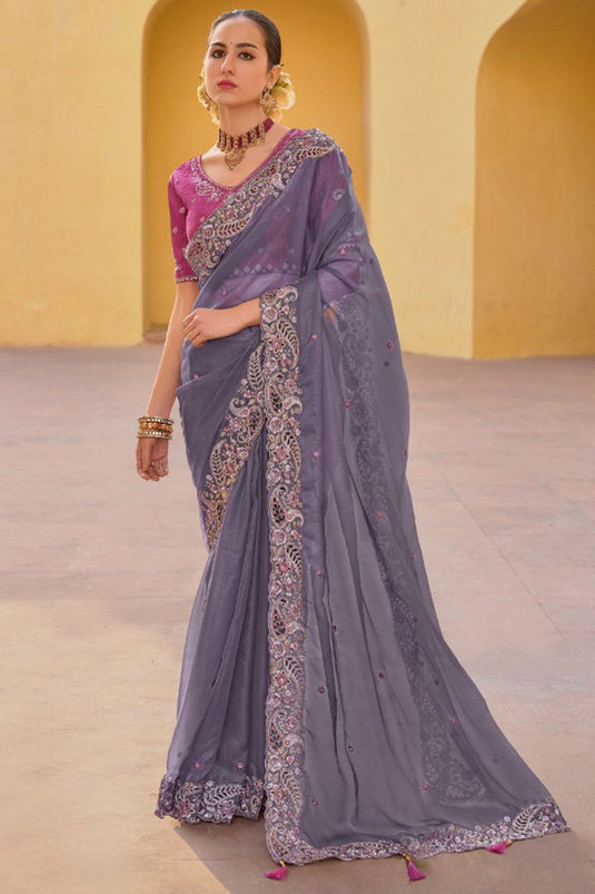 Organza Silk Fabric Grey Color Saree With Winsome Border Work