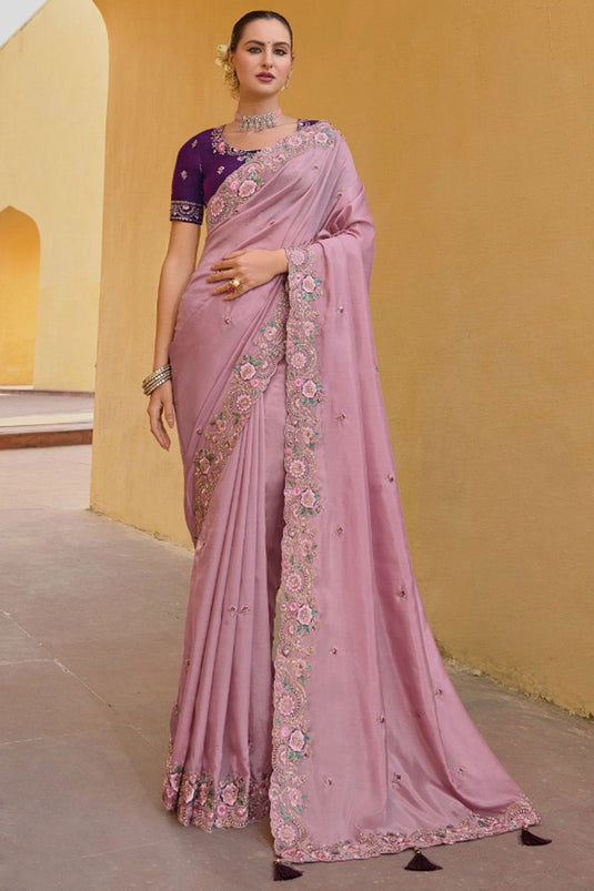 Creative Border Work On Saree In Pink Color Organza Silk Fabric