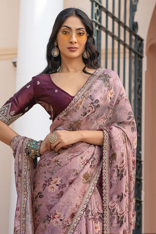 Beguiling Printed Work On Pink Color Viscose Fabric Saree