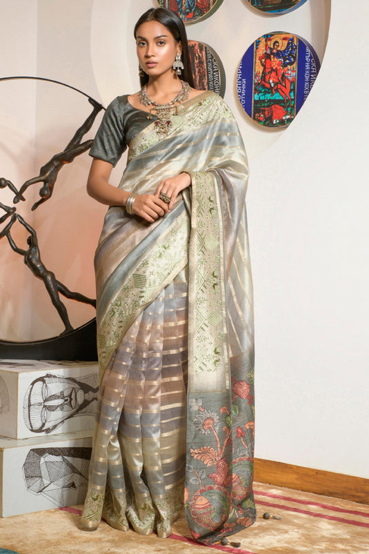 Multi Color Brilliant Organza Fabric Printed Festive Wear Saree