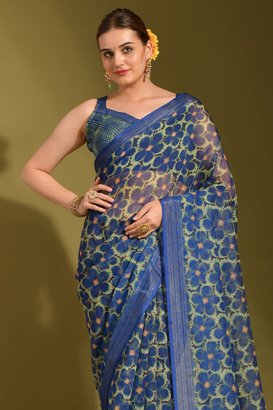 Linen Fabric Navy Blue Color Excellent Saree With Printed Work