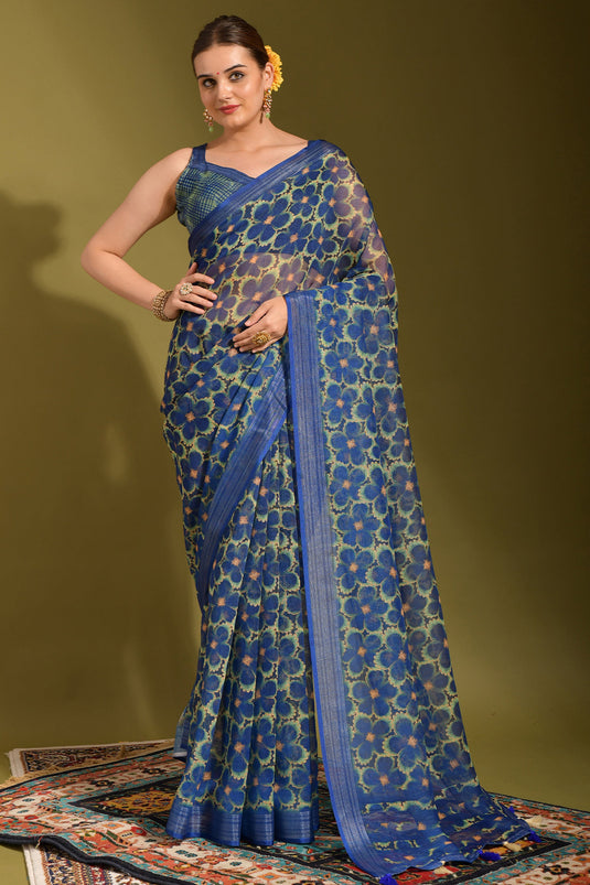 Linen Fabric Navy Blue Color Excellent Saree With Printed Work