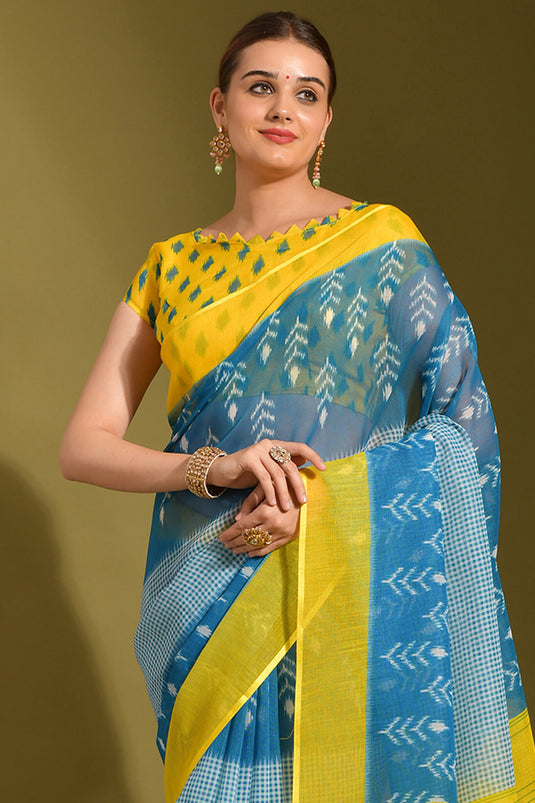 Printed Work On Sky Blue Color Linen Fabric Princely Saree