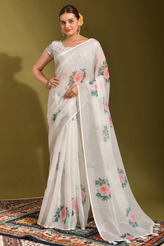 Linen Fabric White Color Patterned Saree With Printed Work