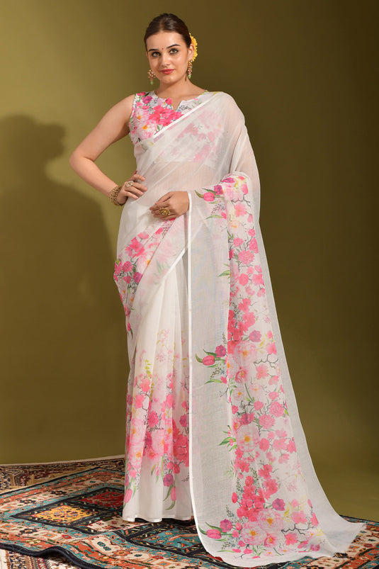 White Color Linen Fabric Engaging Printed Saree