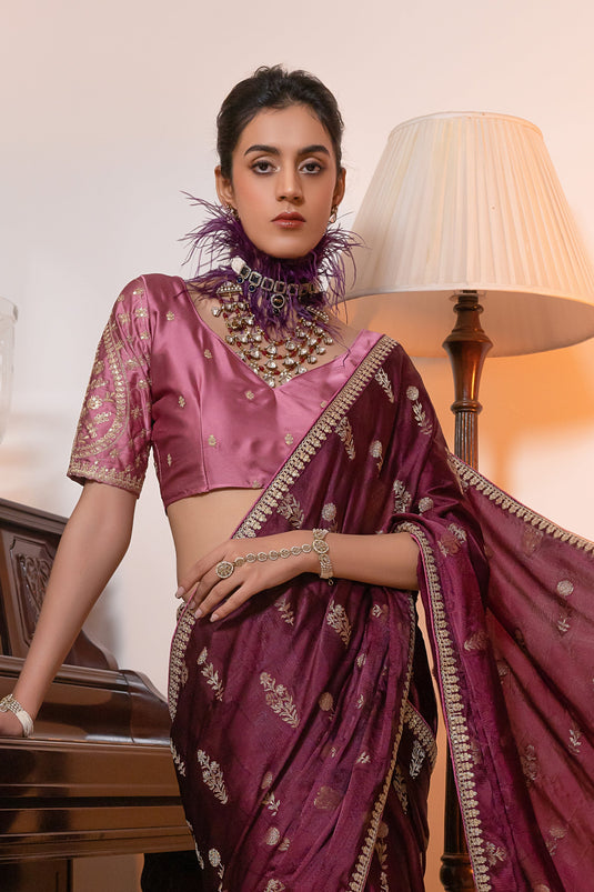 Beguiling Embroidered Work On Wine Color Silk Fabric Saree