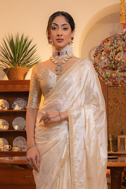 Engaging Off White Color Silk Fabric Saree With Embroidered Work