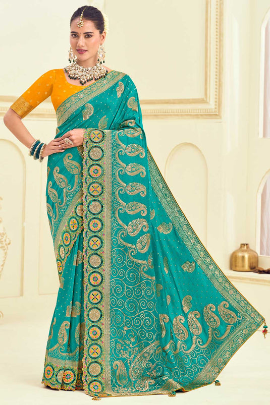 Sea Green Color Brilliant Weaving Designs Silk Saree