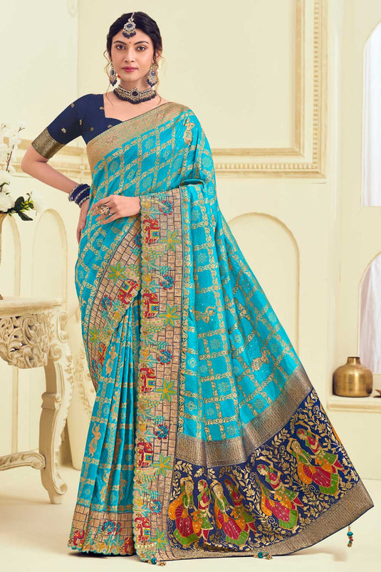 Delicate Cyan Color Weaving Designs Silk Saree